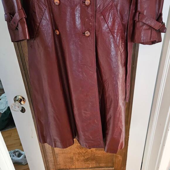Long Red Leather Jacket Vinage 60s 70s Burgundy Large Trenchcoat - Picture 4 of 8